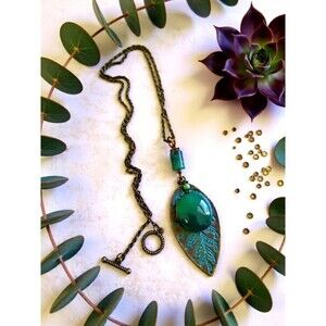 Handmade! Bronze Leaf + Stone Statement Necklace - CottageCore - Green Thumb